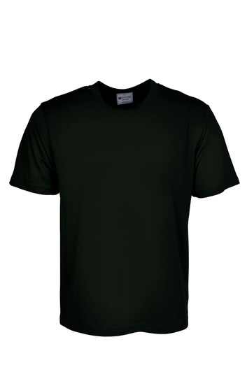 A plain black micromesh tee shirt featuring short sleeves and a round neck design. It includes a brand logo.