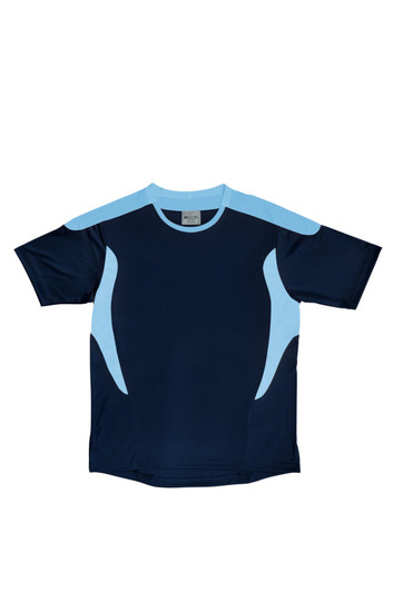 A navy blue and light blue sports tee shirt featuring a logo, designed for kids' sports activities.