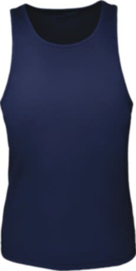 A navy ladies singlet with a brushed action back design. The garment features a logo on the front.