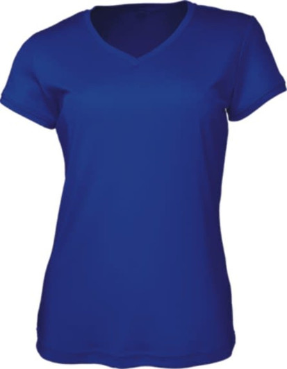 A ladies' brushed V-neck tee shirt in bright blue, featuring short sleeves and a fitted design. It has a logo.