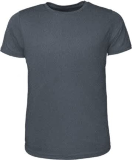 A grey men's T-shirt with a classic crew neck design, featuring short sleeves and a smooth texture.