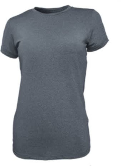 A grey ladies tee shirt with a classic crew neck and short sleeves, featuring a logo.