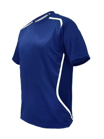A navy blue unisex sublimated sports tee shirt with white accents and a logo. Suitable for sports uniforms or jerseys.