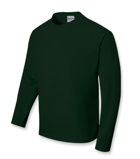 A dark green long sleeve tee shirt for kids, featuring a round neck and a simple design. It has a logo on the label.
