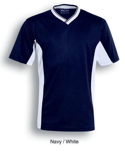 A navy and white unisex adults soccer panel jersey featuring short sleeves and a V-neck design, with a logo.