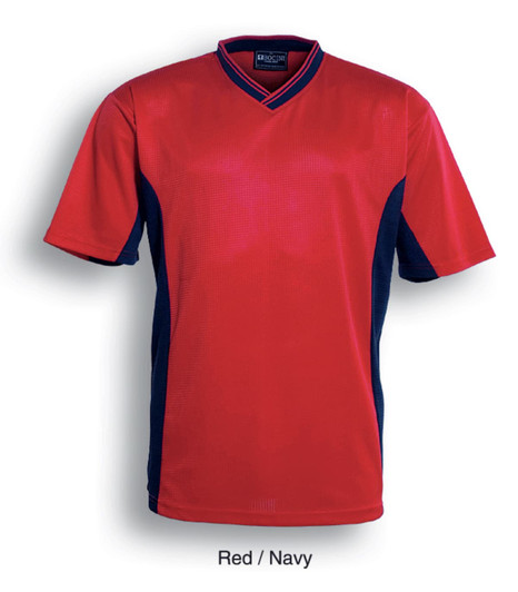 A red and navy jersey with a v-neck and short sleeves, featuring a logo on the chest.