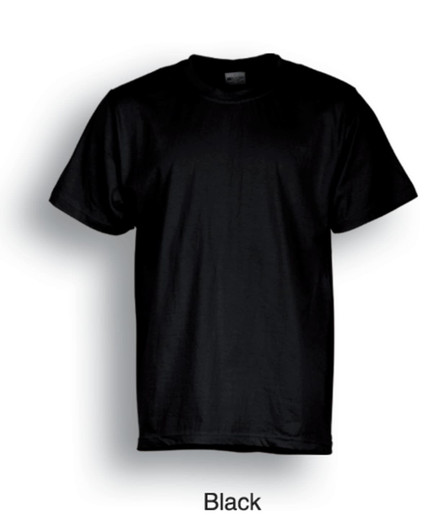 A black unisex plain cotton T-shirt featuring a simple design and an attached label.
