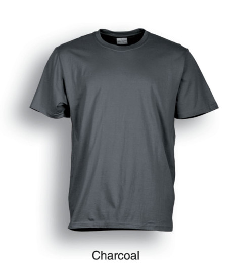 A plain charcoal unisex cotton t-shirt with short sleeves and a crew neckline, featuring a logo.