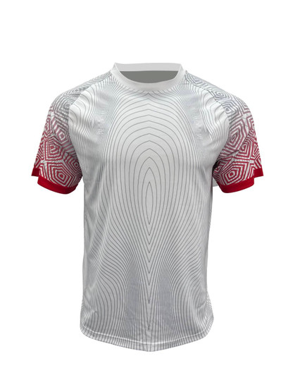 A sports jersey featuring a white body with red patterned sleeves and a logo. Suitable for team sports.