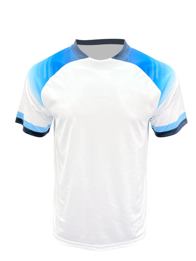 A white sports jersey with blue accents on the shoulders and sleeves, featuring a logo.