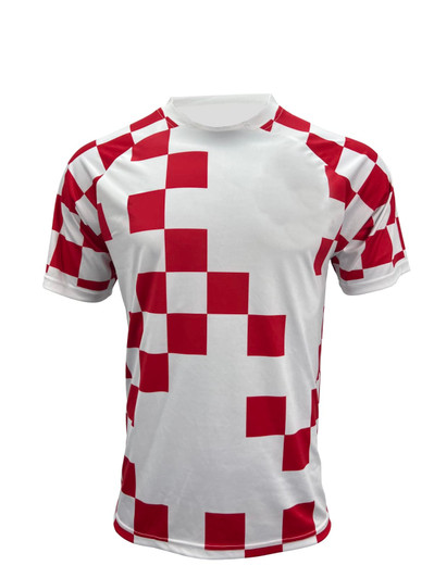 A sports jersey featuring a pattern of red and white squares, designed for the WORLD CUP. It has a rounded neckline.