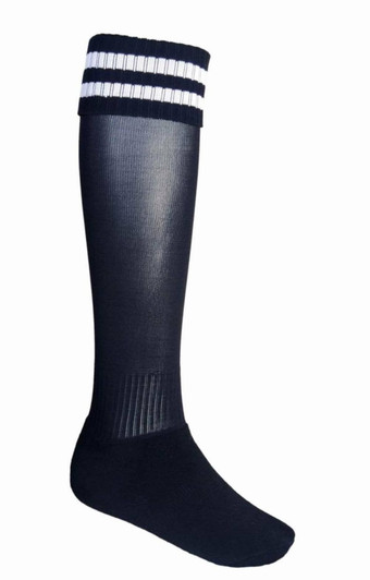 A pair of black sports socks with a striped white band at the top, featuring a ribbed design.