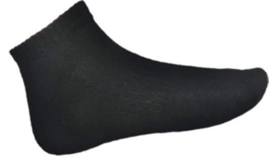 A pair of unisex ankle length sports socks in black, featuring a simple design and a logo.