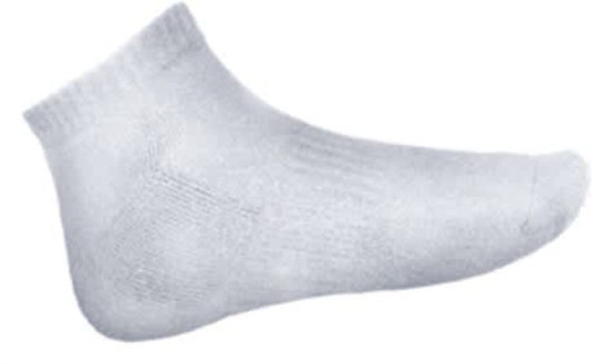 A white unisex ankle length sports sock with a ribbed cuff and a simple design, featuring a logo.