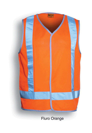 A fluro orange unisex hi-vis vest with reflective tape, featuring a sleeveless design and mesh fabric.