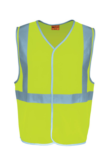 A bright yellow unisex safety vest with reflective blue crossing tape, featuring a logo on the front.