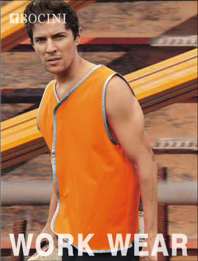 A hi-vis vest in bright orange with reflective trim, worn by a male model in an industrial setting.