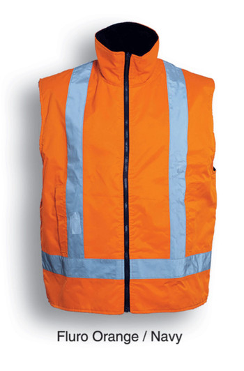 A fluro orange and navy reversible vest with reflective tape. The vest has a high collar and zipper front.