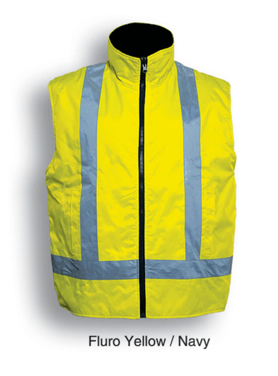 A fluro yellow and navy reversible vest featuring reflective tape, designed for high visibility.