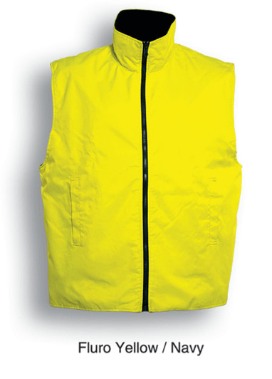 A hi-vis reversible vest in fluro yellow and navy, featuring a zip front and two pockets. Has a logo.