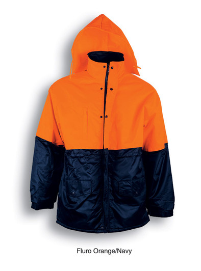 A Hi-Vis polar fleece lined jacket in fluro orange and navy, featuring a hood and pockets. It has a logo.