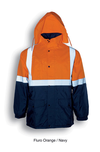 A Hi-Vis jacket in fluro orange and navy with reflective tape and a hood, featuring pockets and a zip closure.