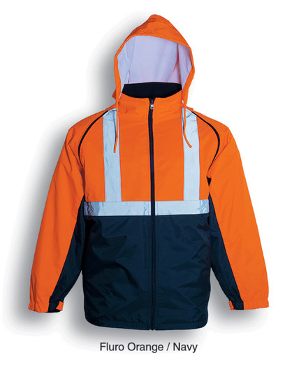 A hi-vis 3-in-1 jacket in fluro orange and navy, featuring reflective tape and a hood. It has a logo on it.