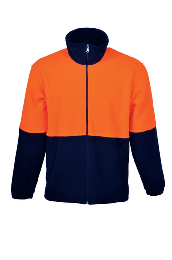 Unisex adults hi-vis polar fleece jacket in orange and navy with a full zip and pockets, featuring a logo.