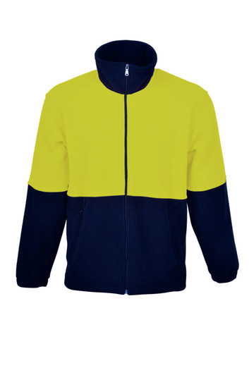 A unisex hi-vis full zip polar fleece jacket in bright yellow and navy blue, featuring a front zipper and pockets.