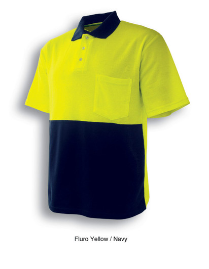 A Fluro Yellow and Navy unisex polo shirt with short sleeves and a pocket, featuring a logo on the chest.