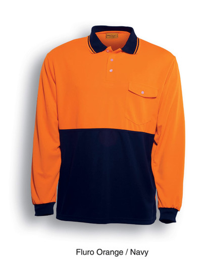 A long sleeve hi-vis safety polo in fluro orange and navy, featuring a pocket and a logo.