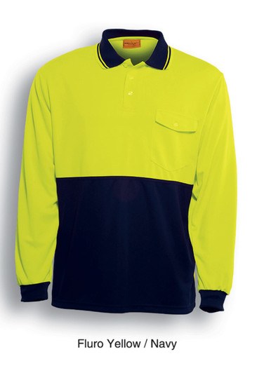 A long-sleeve hi-vis polo shirt in fluro yellow and navy, featuring a pocket and branding.