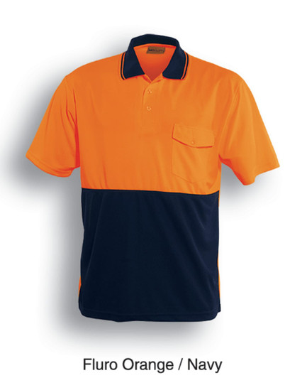 A fluro orange and navy short sleeve polo shirt with a pocket and a logo. Ideal for workwear.