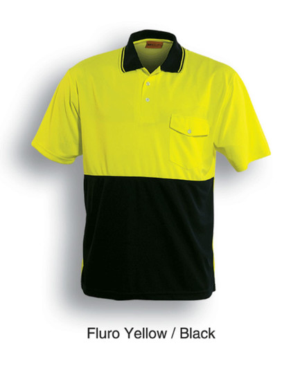 A fluro yellow and black short sleeve polo shirt with a pocket and a logo on the collar.