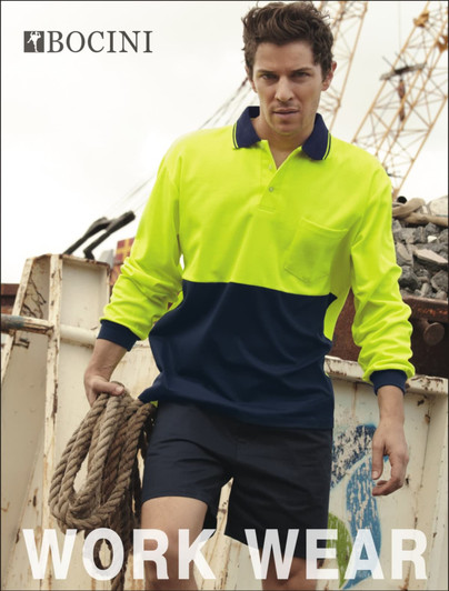 A bright yellow and navy long-sleeve polo shirt with a logo, featuring a pocket and model posing outdoors.