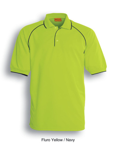 A fluro yellow and navy polo shirt with a logo, featuring a classic collar and short sleeves.
