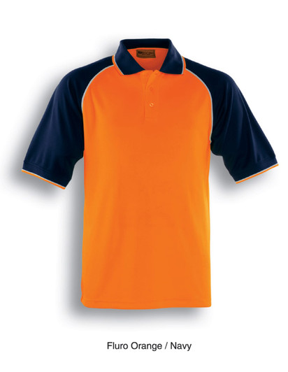A Fluro Orange and Navy unisex adults hi-vis raglan sleeve polo shirt with a logo.