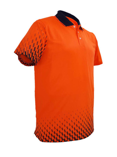 A hi-vis orange polo shirt featuring a gradient pattern with navy blue accents and a collar. It has a logo.