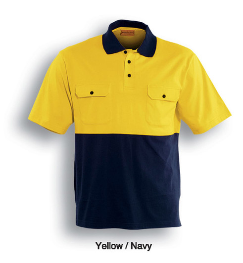 A yellow and navy unisex short-sleeve polo shirt with two front pockets and a logo.