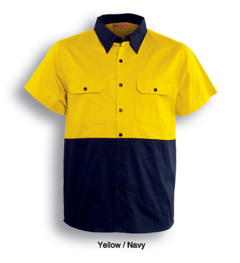 A short-sleeved hi-vis shirt in yellow and navy with two front pockets and a logo.