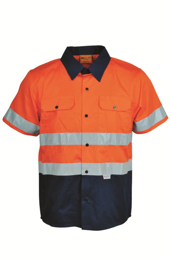 A short-sleeved, unisex hi-vis cotton drill shirt in orange and navy, featuring reflective tape and a logo.