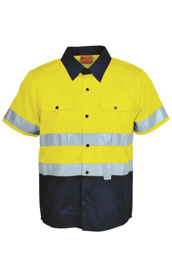A short-sleeved hi-vis cotton drill shirt in bright yellow and navy, featuring reflective tape and a logo.