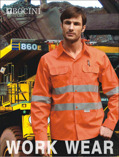 A bright orange long-sleeve work shirt with reflective tape, featuring a front pocket and a logo.
