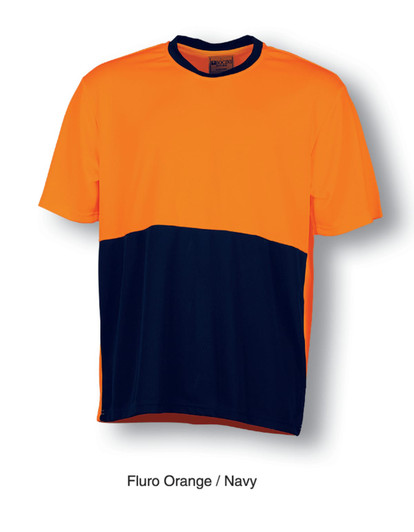 A fluro orange and navy unisex safety tee with a logo. Suitable for high-visibility work environments.