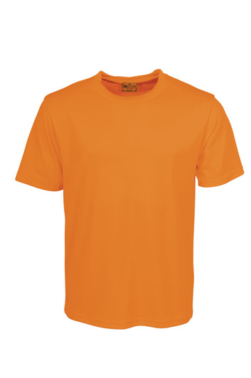 An orange plain round neck T-shirt with short sleeves and a logo. Ideal for casual wear.