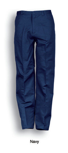 Navy unisex cotton drill work pants with a logo, featuring a classic fit and sturdy fabric.