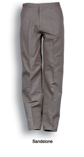 Unisex adults cotton drill work pants in sandstone colour, featuring a logo and a straight-leg design.