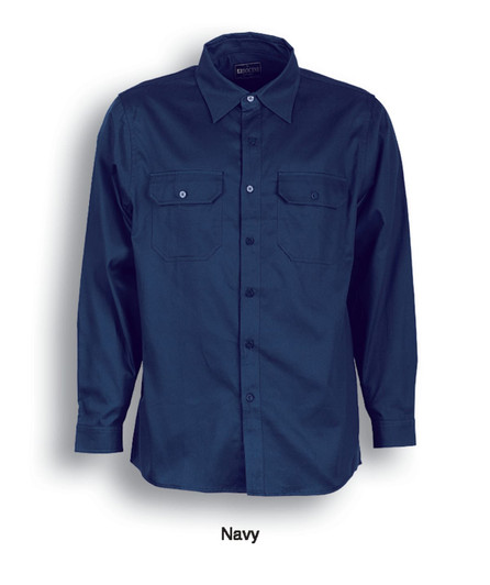 Navy unisex cotton drill work shirt with long sleeves and two chest pockets, featuring a logo.