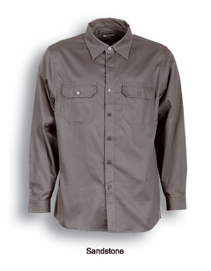 A long-sleeve unisex cotton drill work shirt in sandstone with buttoned chest pockets and a logo.