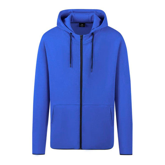 A blue zipped hoodie with a hood, featuring a front pocket and a branding logo.